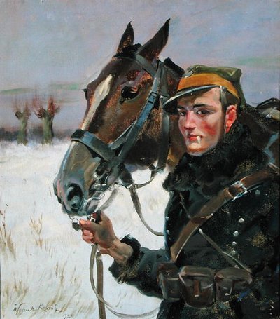 Soldaat met een paard door Wojciech Kossak