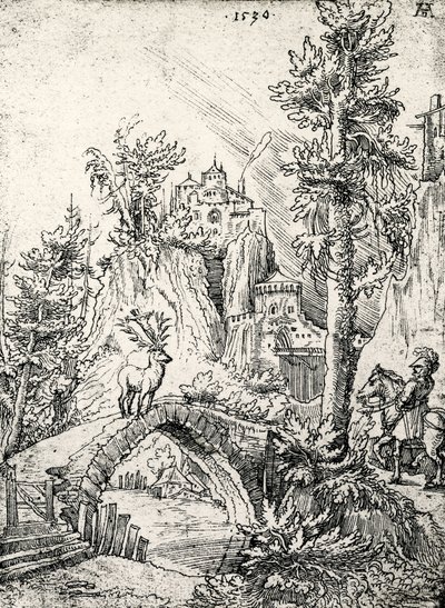 St. Hubertus voor het hertenwonder door Wolf Huber