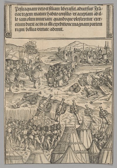 Capitulatie van een Franse stad, plaat 12 uit Historische scènes uit het leven van keizer Maximiliaan I van de Triomfboog door Wolf Traut