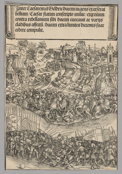 Oorlog met Gelders, plaat 5 uit Historische scènes uit het leven van keizer Maximiliaan I vanaf de triomfboog door Wolf Traut