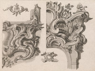 Suggestie voor de decoratie van de rechter benedenhoek en rechter bovenhoek van een altaarframe..., Gedrukt ca. 1750-56 door Wolffgang Christoph Mayr