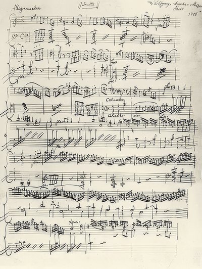 Begin van de pianosonate in A-mineur, KV310. Autograaf door Wolfgang Amadeus Mozart