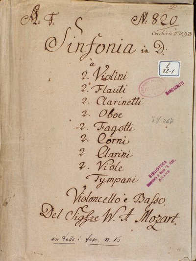 Eerste pagina van bladmuziek voor Symfonie nr. 4 in D, door Mozart door Wolfgang Amadeus Mozart