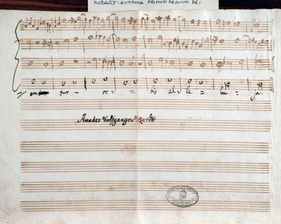 Pagina met de handtekening van de componist van Querite primum regnum Dei door Mozart om de titel van Accademico filarmonico te verkrijgen (1770) door Wolfgang Amadeus Mozart
