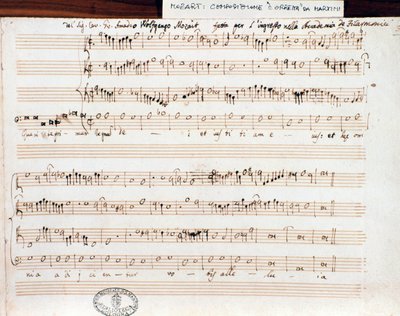 Bladmuziekpagina van Querite primum regnum Dei door Mozart om de titel van Accademico filarmonico te verkrijgen (1770) door Wolfgang Amadeus Mozart