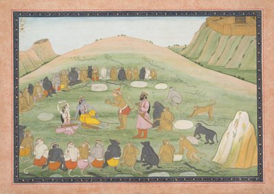 Hanuman Herstelt Rama en Lakshmana met Geneeskrachtige Kruiden: Geïllustreerd folio door Workshop active in the First generation