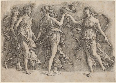 Vier Dansende Muzen door Workshop of Andrea Mantegna