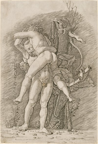 Hercules en Antaeus door Workshop of Andrea Mantegna