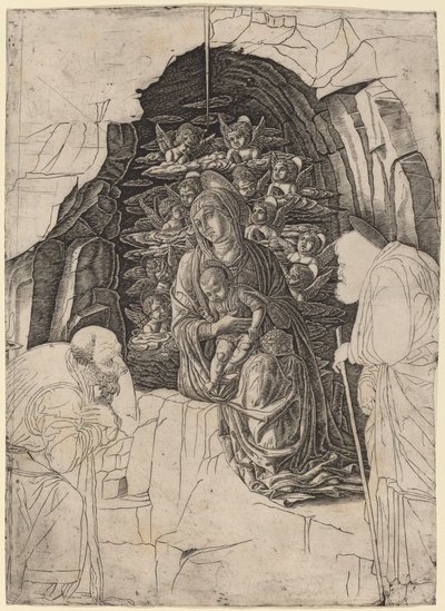 De Aanbidding der Wijzen (Maagd in de Grot) door Workshop of Andrea Mantegna