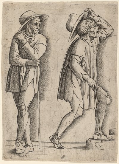 Twee Boeren door Workshop of Andrea Mantegna
