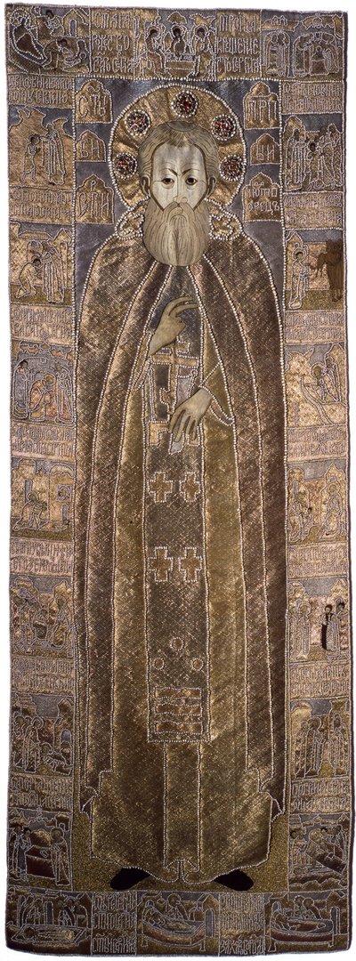 Het lijkkleed van Sint Sergius van Radonezh, 1671 door Workshop of Anna Ivanovna Stroganova