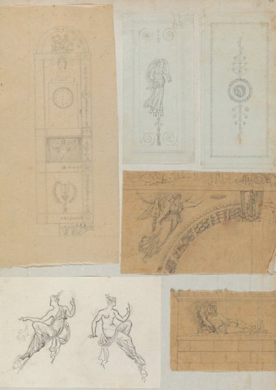 Pagina uit een plakboek met tekeningen en verschillende prenten van architectuur door Workshop of Charles Percier, Workshop of Pierre