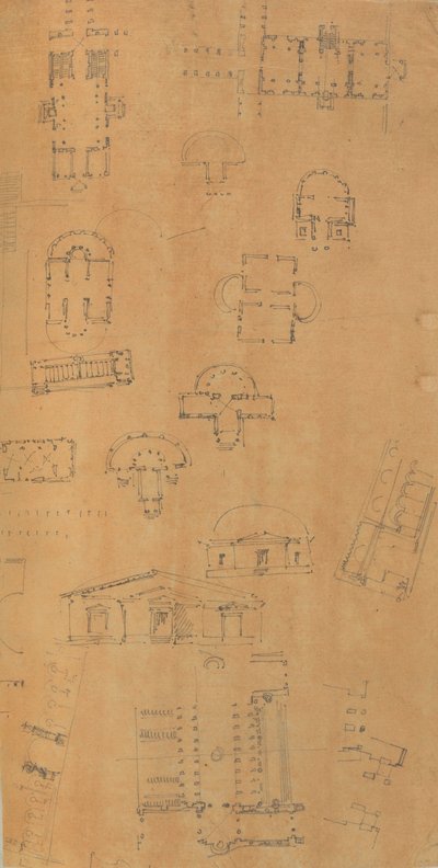 Pagina uit een plakboek met tekeningen en verschillende prenten van architectuur, ca. 1800-1850. Makers: Werkplaats van Charles Percier, Werkplaats van Pierre François Léonard Fontaine door Workshop of Charles Percier, Workshop of Pierre