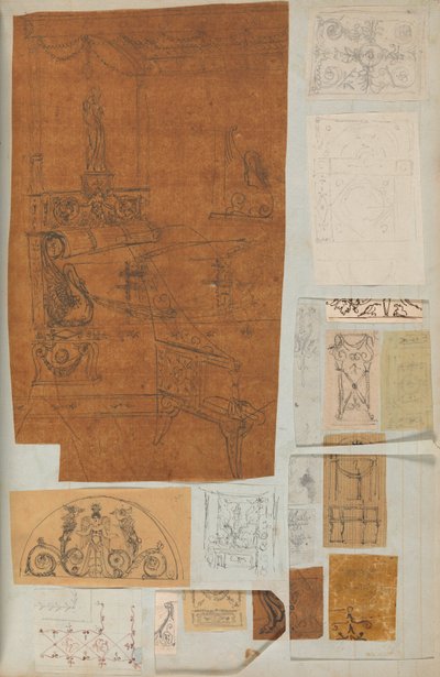 Pagina uit een Plakboek met Tekeningen en Verschillende Afdrukken van Architectuur, ca. 1800-1850. Makers: Werkplaats van Charles Percier, Werkplaats van Pierre François Léonard Fontaine door Workshop of Charles Percier, Workshop of Pierre
