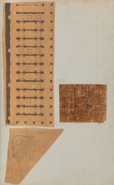 Pagina uit een plakboek met tekeningen en verschillende prenten van architectuur, ca. 1800-1850 door Workshop of Charles Percier, Workshop of Pierre