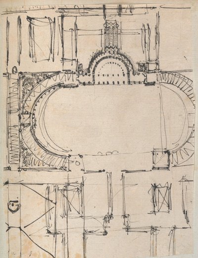Pagina uit een plakboek met tekeningen en verschillende prenten van architectuur door Workshop of Charles Percier, Workshop of Pierre