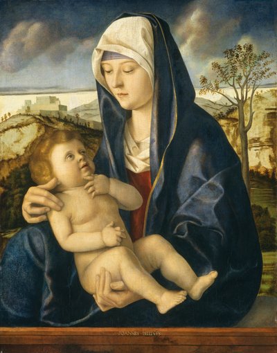Madonna en Kind in een Landschap door Workshop of Giovanni Bellini