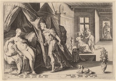 Mercurius betreedt de kamer van Herse na Agraulos in steen te hebben veranderd door Workshop of Hendrick Goltizus, after Hendrick Goltzius