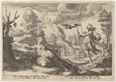 Apollo Doodt Coronis door Workshop of Hendrick Goltzius, after Hendrick Goltzius