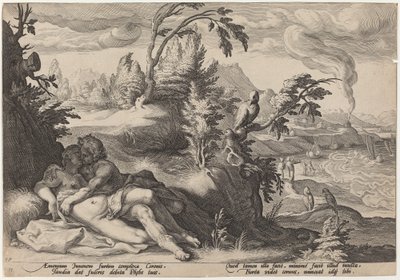 Apollo en Coronis door Workshop of Hendrick Goltzius, after Hendrick Goltzius