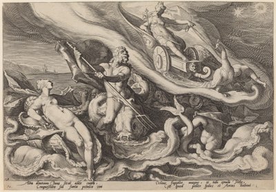Juno klaagt bij Oceanus en Tethys over Callisto door Workshop of Hendrick Goltzius, after Hendrick Goltzius