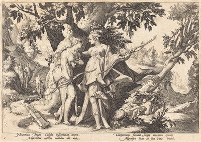 Jupiter in de gedaante van Diana verleidt Callisto door Workshop of Hendrick Goltzius, after Hendrick Goltzius