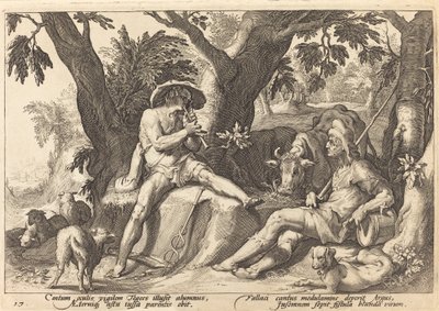 Mercurius die Argus in slaap brengt door Workshop of Hendrick Goltzius, after Hendrick Goltzius