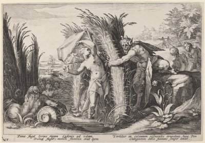 Pan en Syrinx door Workshop of Hendrick Goltzius, after Hendrick Goltzius