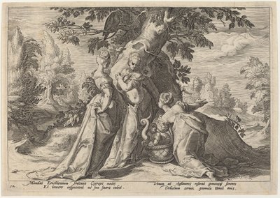 De dochters van Cecrops openen de kist die hen door Minerva is toevertrouwd door Workshop of Hendrick Goltzius, after Hendrick Goltzius