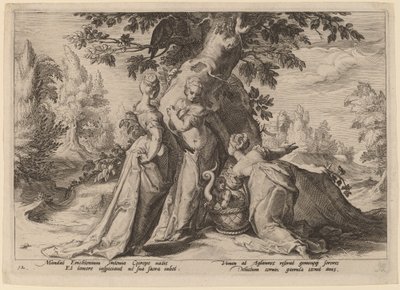 De dochters van Cecrops openen de kist die hen door Minerva is toevertrouwd door Workshop of Hendrick Goltzius, after Hendrick Goltzius
