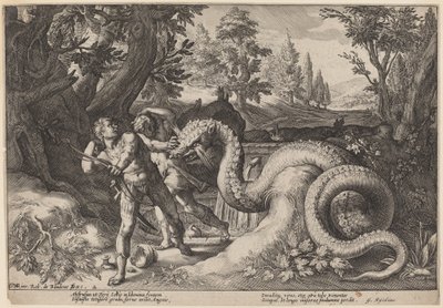 De draak die de metgezellen van Cadmus verslindt door Workshop of Hendrick Goltzius, after Hendrick Goltzius