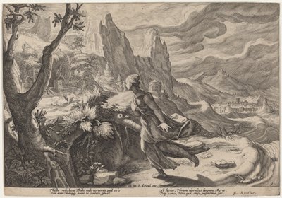 Thisbe bang voor de leeuw door Workshop of Hendrick Goltzius, after Hendrick Goltzius
