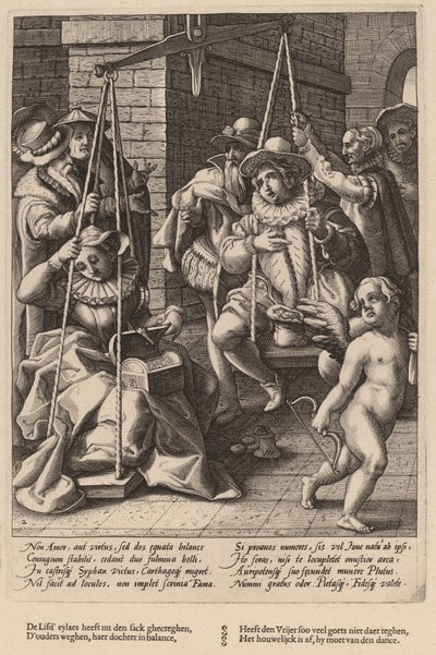 De weegschaal van het huwelijk door Workshop of Hendrick Goltzius, after Karel van Mander I