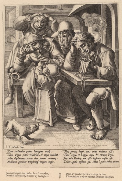Als je portemonnee leeg is, eet je botten, geen spek door Workshop of Hendrick Goltzius, after Karel van Mander I