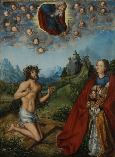 Christus en de Maagd die voor de mensheid bemiddelen bij God de Vader (De drie plagen) door workshop of Lucas Cranach the Elder