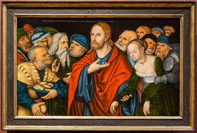 Duits: Christus und die Ehebrecherin Christus en de overspelige vrouw door workshop of Lucas Cranach the Elder