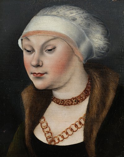 Duits: Kopf einer Dame mit weißer Haube (Omphale) Hoofd van een vrouw met een witte bonnet door workshop of Lucas Cranach the Elder