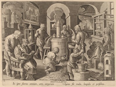 Distillatie door Workshop of Philip Galle after Jan van der Straet