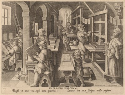 Impressio Liborum (Boeken drukken) door Workshop of Philip Galle after Jan van der Straet