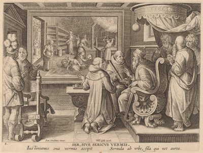 Ser, Sive Sericus Vermis (Zijde, of de Zijderups) door Workshop of Philip Galle after Jan van der Straet