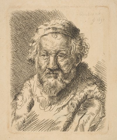 Buste van een oude man in een jas en bontkraag door Workshop of Rembrandt