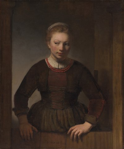 Jonge vrouw bij een open deur door Workshop of Rembrandt van Rijn