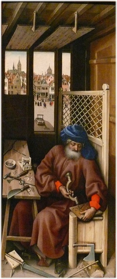 Annunciatie Alternatieve titel(s):   Mérode altaarstuk
rechterpaneel: Sint Jozef als timmerman door Workshop of Robert Campin