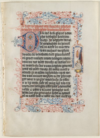 Blad uit een getijdenboek: Engel met een banderol binnen een versierde rand, ca. 1475 door Workshop of the Convent of St.