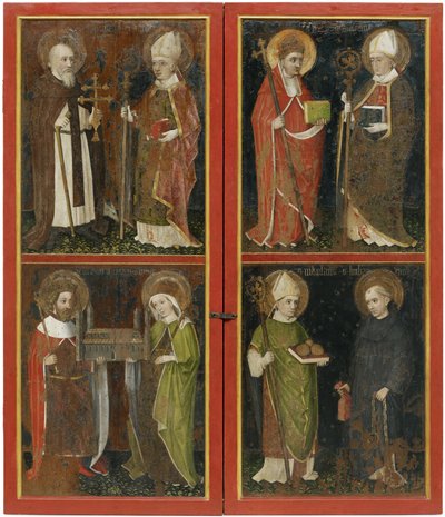 Antonius de Abt en Erhard van Regensburg Sixtus II en Servatius Hendrik II en Cunigunde Sint Nicolaas en Leonard, ca. 1448 door Workshop of the Wolfgang Retable
