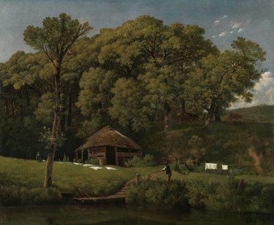 Een bouwhoeve aan de oever van een beek in Gelderland door Wouter Johannes van Troostwijk