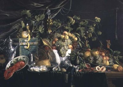 Stilleven met fruit, een fazantentaart en een kreeft door Wouter Mertens
