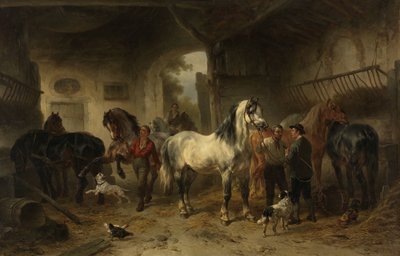 Interieur van een stal met paarden en figuren door Wouter  Verschuur