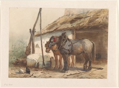 Twee paarden staand voor een stal door Wouter  Verschuur