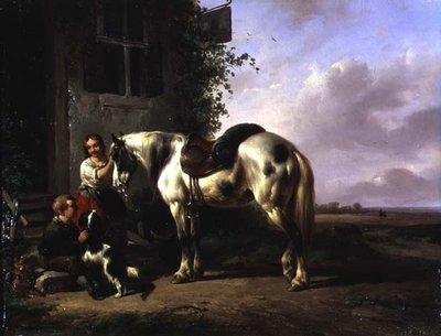 Exterieur van een herberg met jong meisje, jongen, hond, paard door Wouterus Verschuur